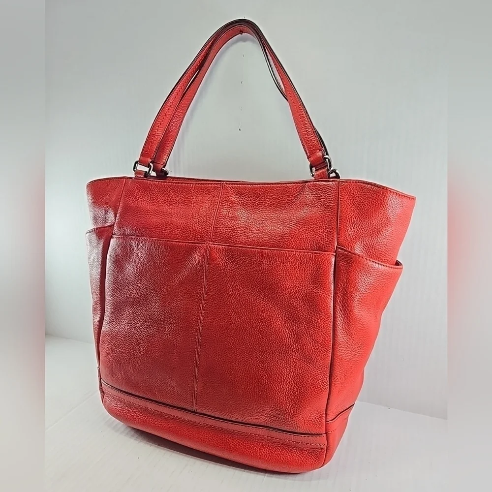 Coach Park North South Shoulder Tote Bag Red Pebbled Leather Large Purse Carry